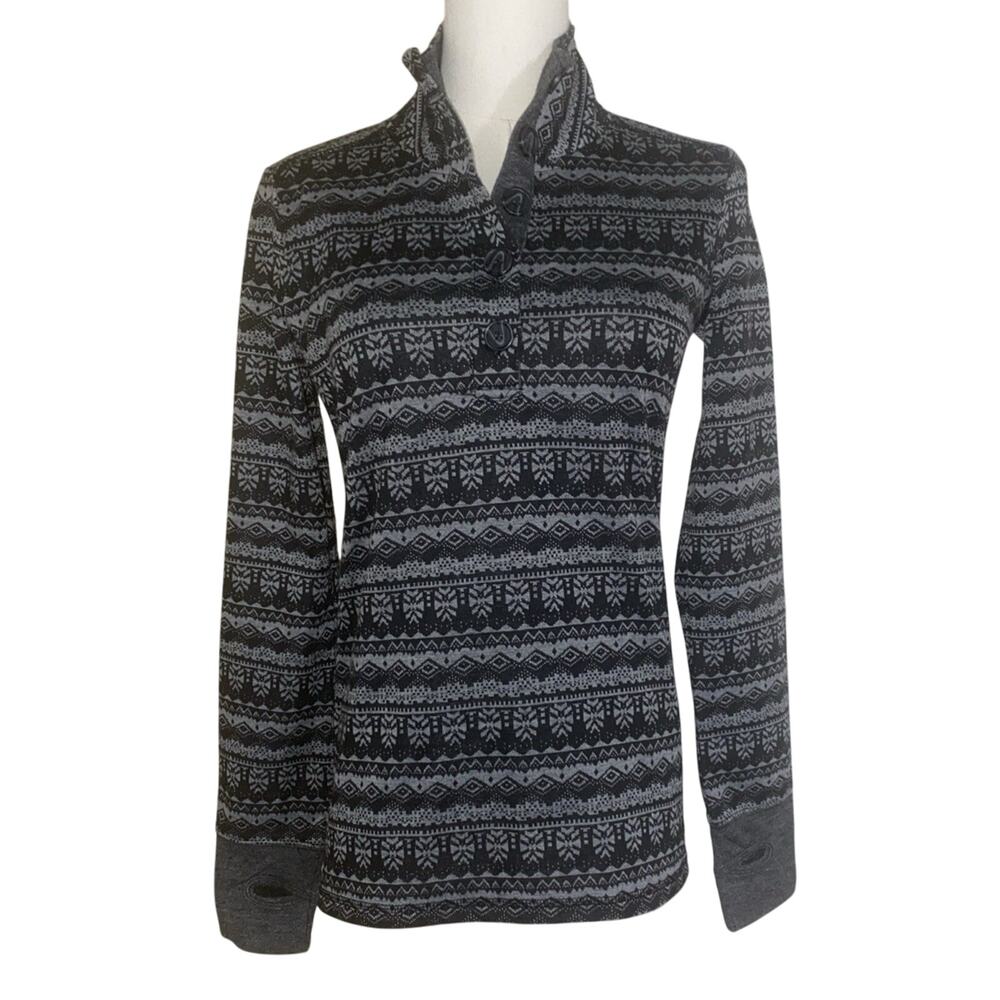 Kavu Desolate Gray Black Quarter Button W Long Sleeve Base Layer Top Size S
